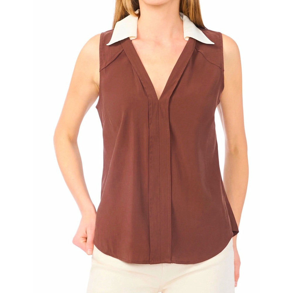 Parker NWT Womens Contrast Collar Sleeveless Crepe blouse Brown Size S